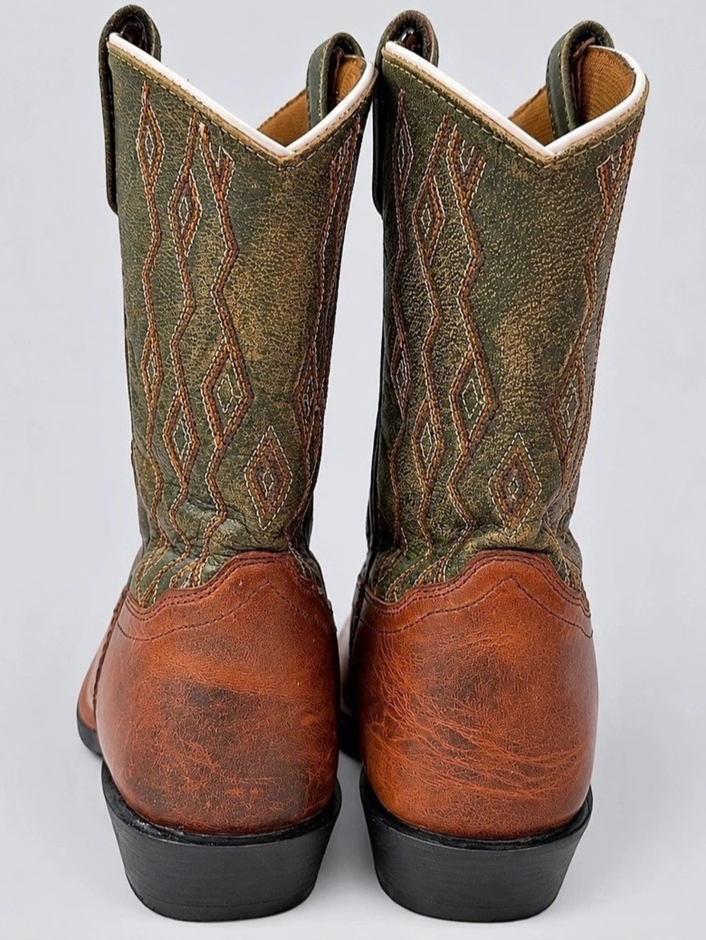Dan Post Youth Brown & Olive Green Embroidered Square Toe Cowboy Boots Youth 5D - Picture 5 of 9